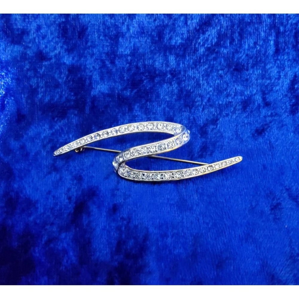 Vintage Signed Monet Gold Tone S Wave / Ribbon Rhinestone Brooch /Pin 2.5" L